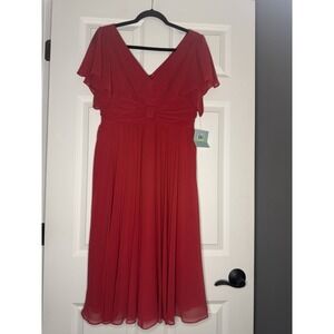 Suzi Chin Flutter Sleeve Gathered Waist A Line Chiffon Midi Dress Red Size 8 NWT